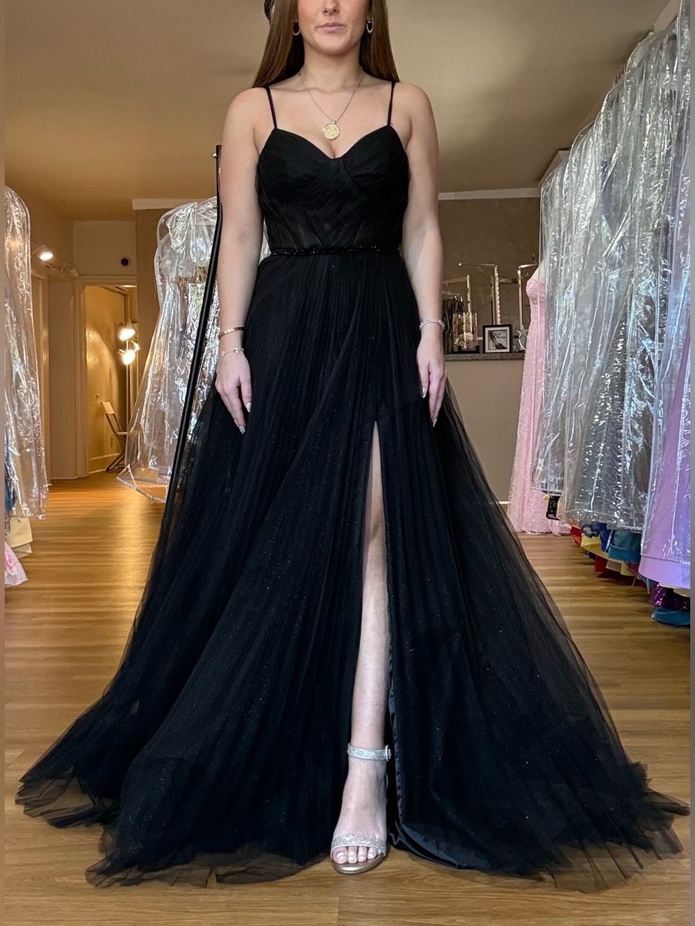Elegant Black Spaghetti-Strap Evening Gown